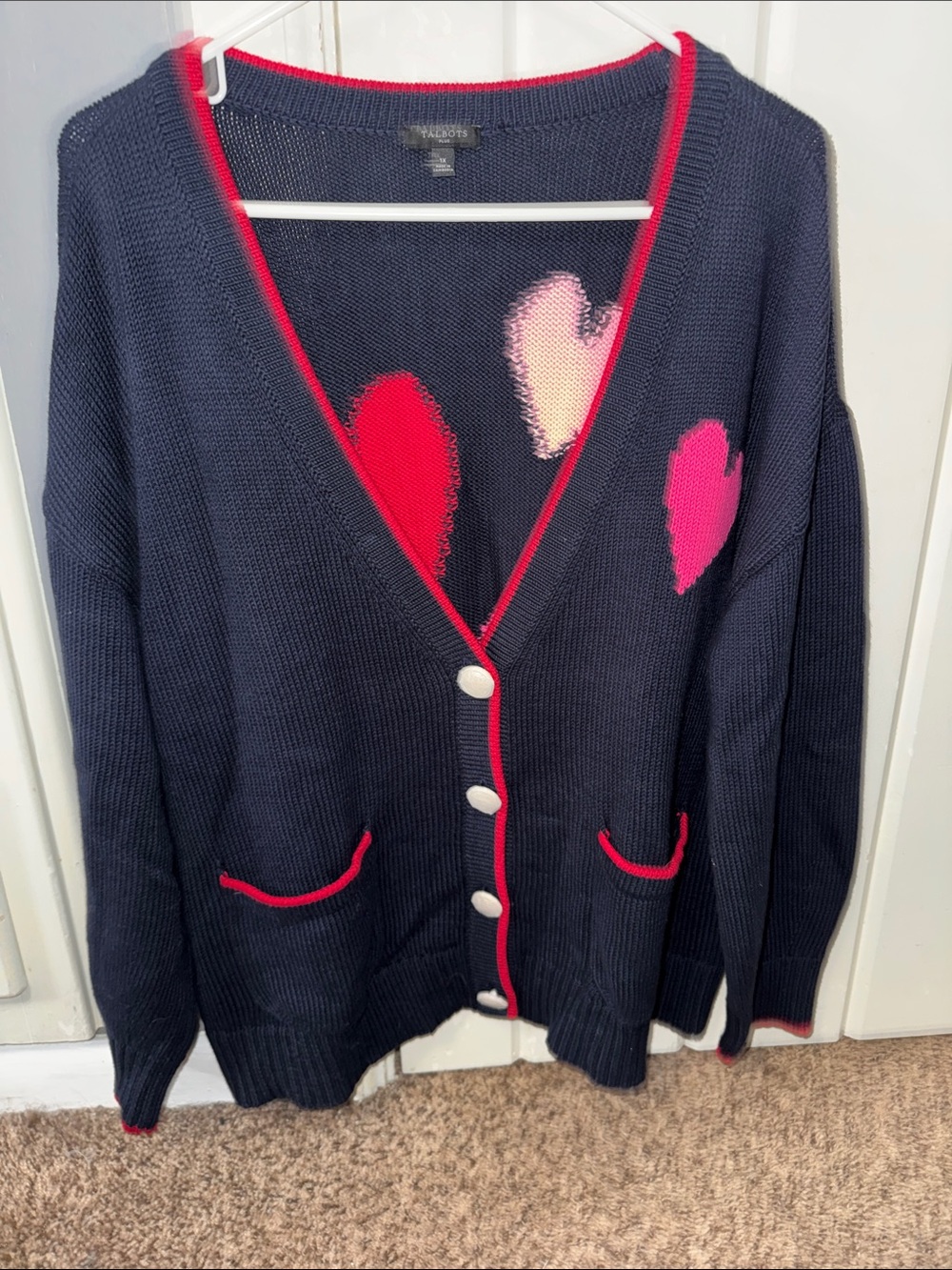 Talbots Navy Cardigan with Pink and Red Heart Accents